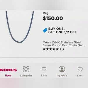 NWT MEN'S STAINLESS STEEL 5MM BOX CHAIN BY LYNX.